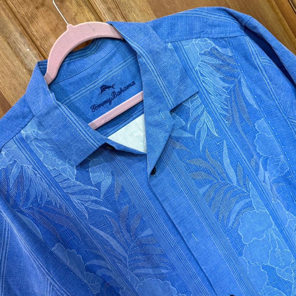 Tommy Bahama Tahitian Border Silk Camp Shirt Blue Mens XL ST324790 Jacquard EUC